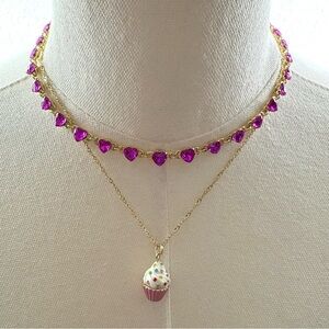 Betsey Johnson Pink Heart Crystal Cupcake Pendant Layered Necklace